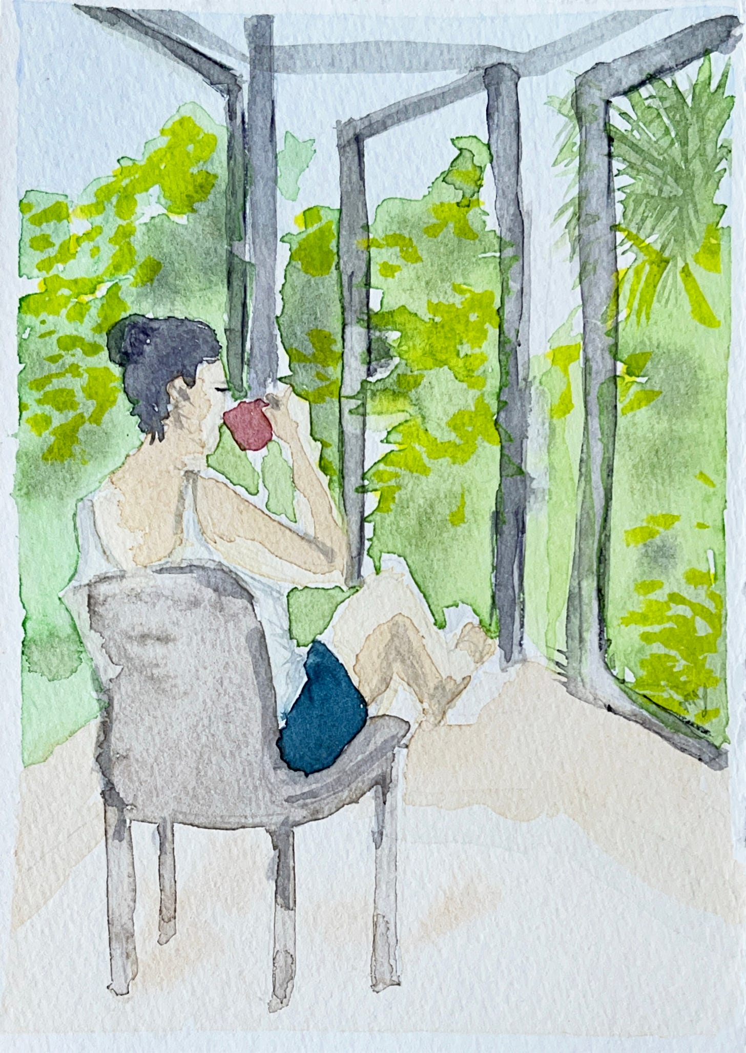 Image: A watercolour painting of a lady with her hair tied loosely in a bun, drinking a cup of coffee. She’s seated in front of the windows, her legs casually propped up on the window sill, and seemingly lost in thoughts as she gazed at the trees outside, which surrounded all the three big, windows.