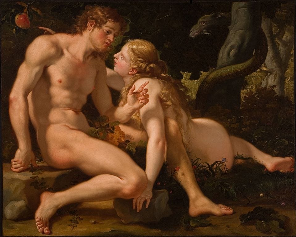 A white, blonde, nude man sits on a grey rock while a white, blonde, nude woman reclines in his direction, pointing toward an apple behind him. This is a Renaissance-era painting meant to depict Eve tempting Adam with the apple, as in the Creation story.