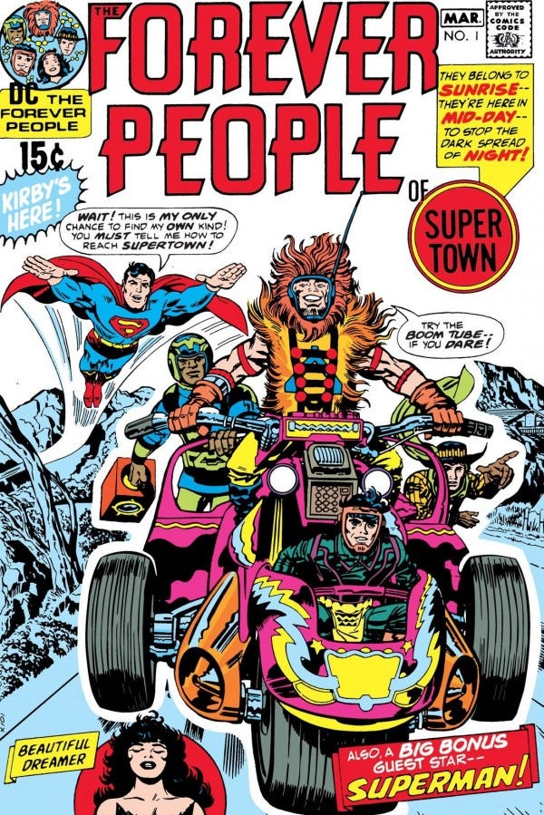 The cover to Forever People #1, featuring a group of futuristic looking people on a flying motorcycle, pursued by Superman.