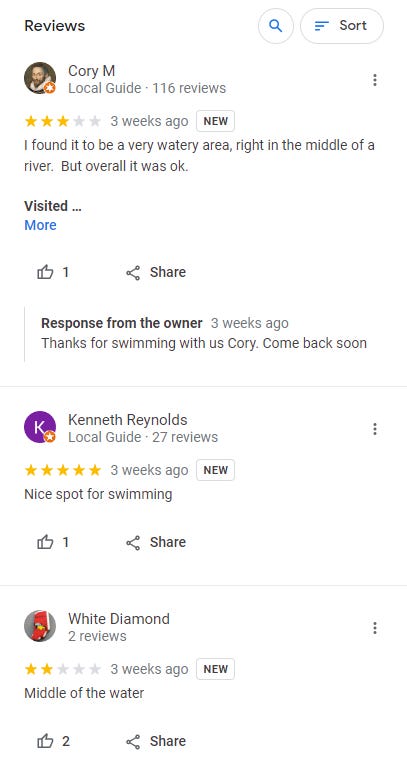 Review from Cory M: I found it to be a very water area, right in the middle of a river. But overall okay. | Response from the owner: Thanks for swimming with us Cory. Come back soon | Review from Kenneth Reynolds: Nice spot for swimming | Review from White Diamond: Middle of the water