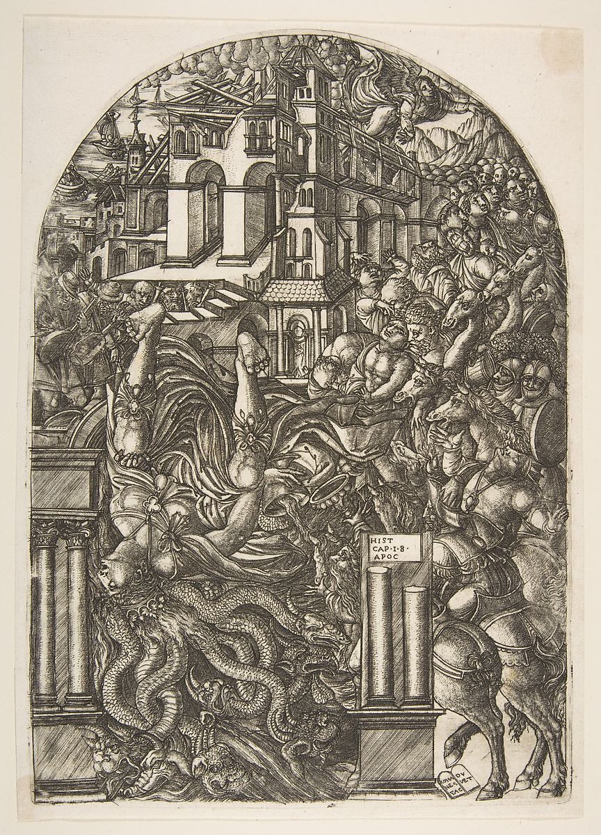 The Fall of Babylon, from the Apocalypse, Jean Duvet (French, ca. 1485–after 1561), Engraving; second state of two 