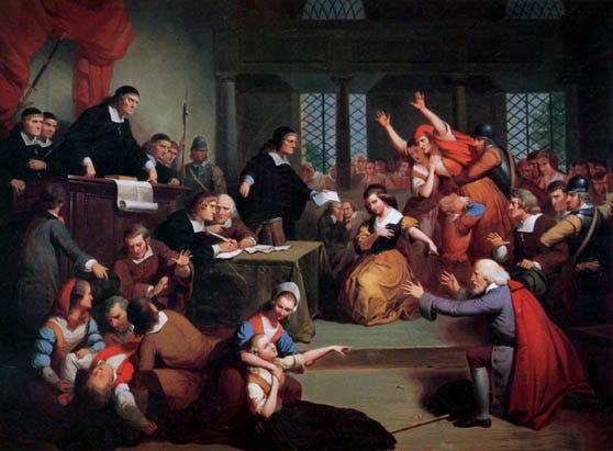 Salem witch trials: pandemonium in a the courtroom as people faint and point and writhe