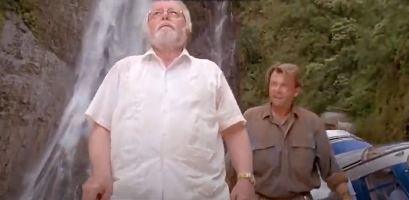 The end of Jurassic Park, where the park owner contemplates the destruction he brought on