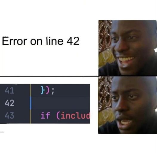 May be a meme of 2 people and text that says 'Error on line 42 }); 42 if (includ'