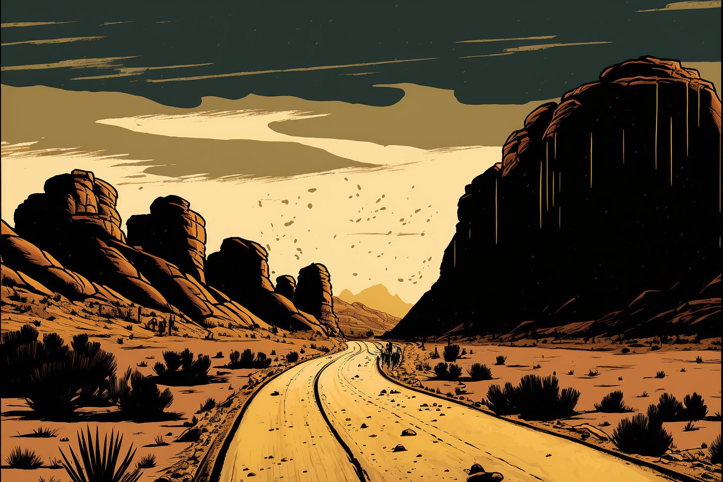 a road through a desert mountain, graphic novel