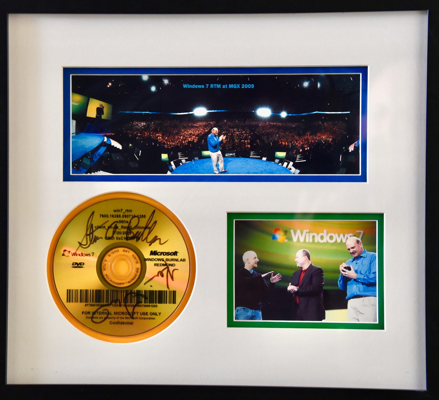 A framed Lightbox featuring a stage photo of Steve Ballmer and the crowd, a signed DVD, and a photo of me on stage with Steve and Kevin Turner signing the DVD
