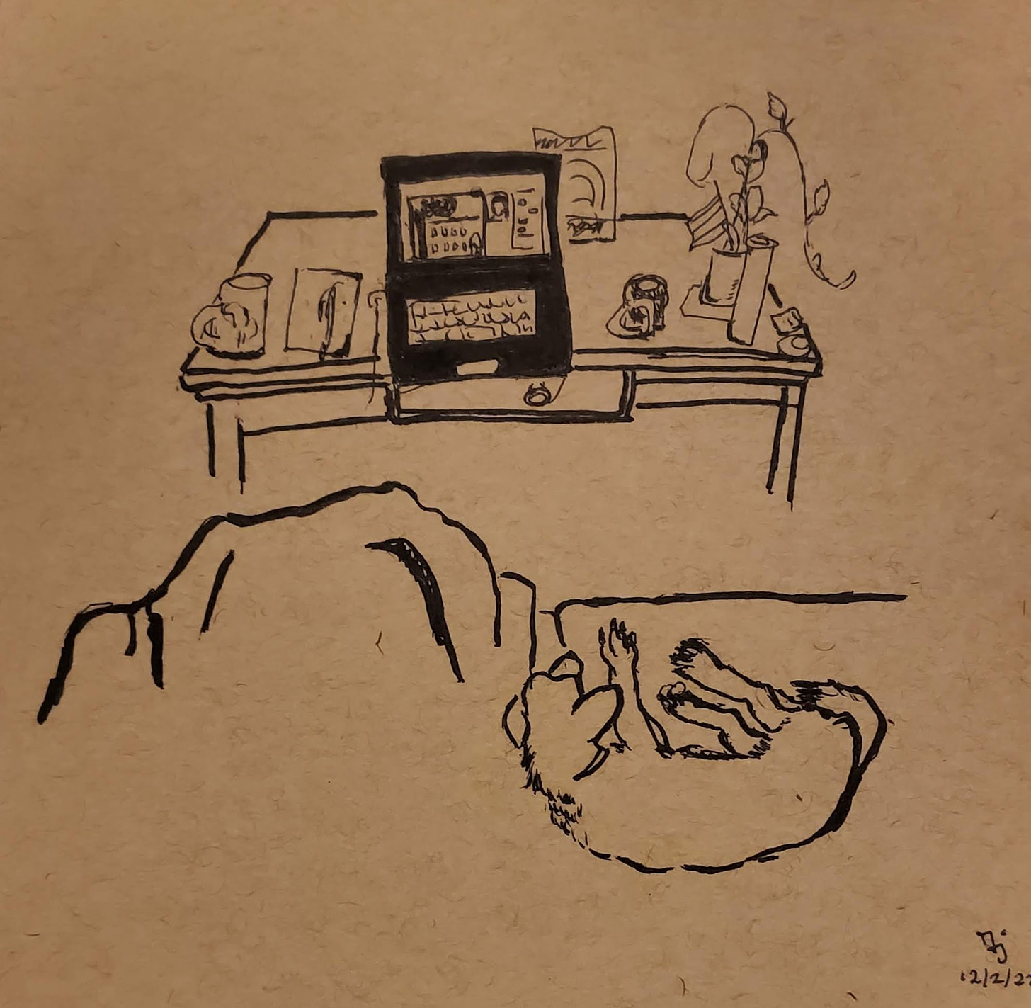 Sketch in black ink of a laptop displaying a small building. The laptop is on a coffee table in front of a figure and a dog on a couch.