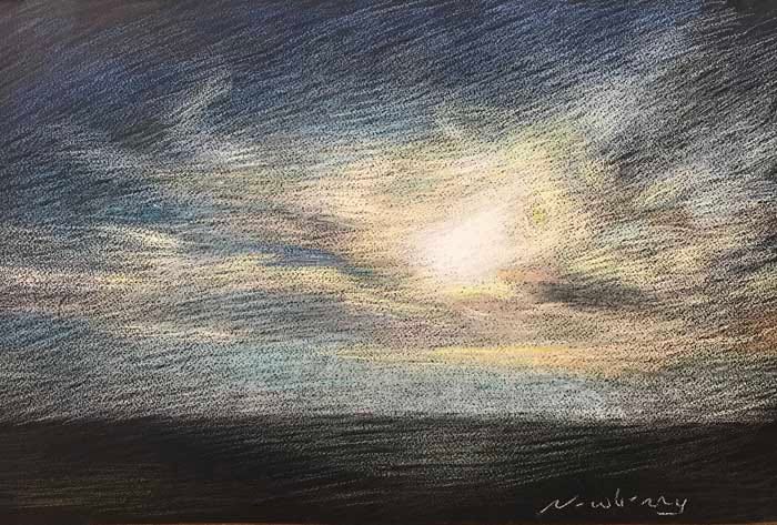 Newberry, pastel painting of sun hidden by clouds
