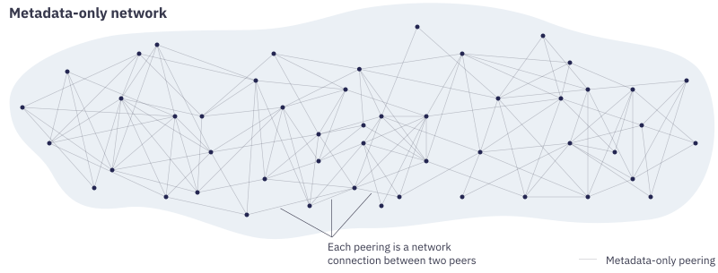 Diagram showing a large shaded area with scattered dots inside connected by
many thin, light lines representing metadata-only peerings between peers. The
lines between the dots are labelled “Each peering is a network connection
between two peers”.
