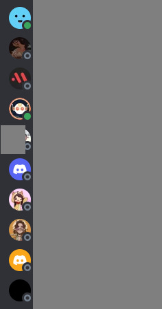 The side bar of Discord showing specific users. A green circle is next to some of them to show something is online, while a hollowed out grey circle is next to others to show that they are offline.