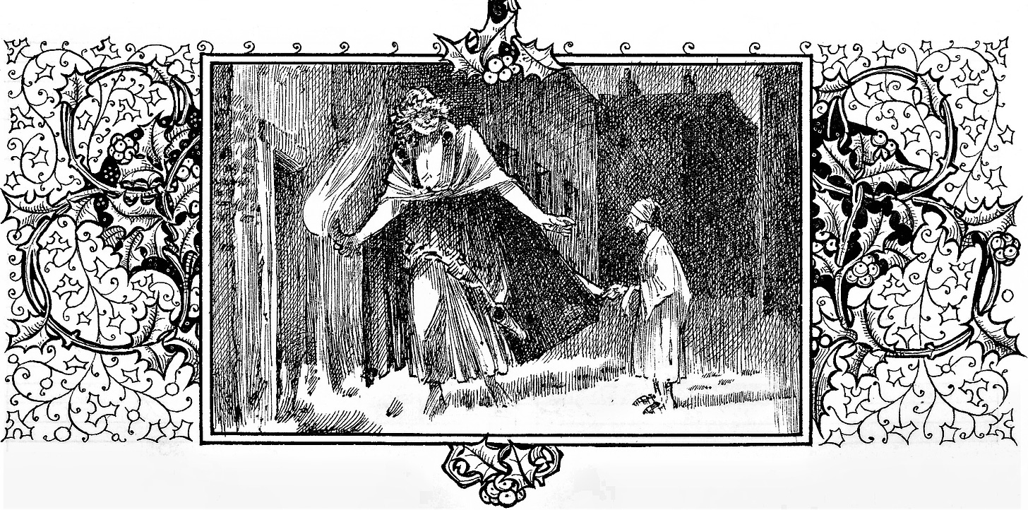 The Ghost of Christmas Present leads Scrooge to the Cratchit house