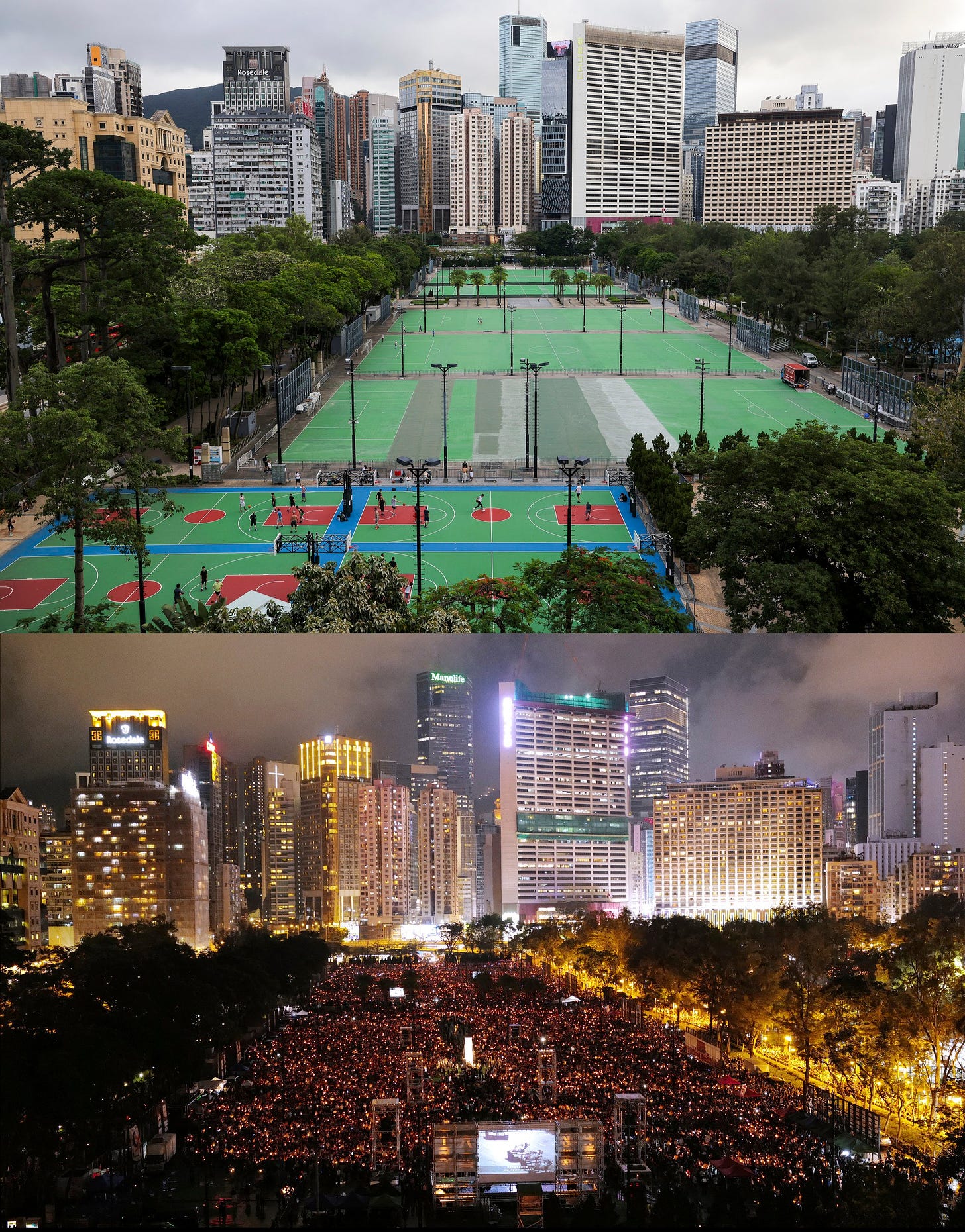 Pictures showing a general view of football pitches at Victoria Park in Causeway Bay in 2022 (top), and crowds raising candles at a Tiananmen Square vigil in 2019 (bottom). Photo: Jelly Tse, Robert Ng