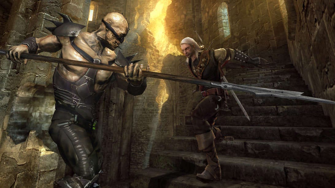 Geralt fighting a mutant on a stone staircase in The Witcher