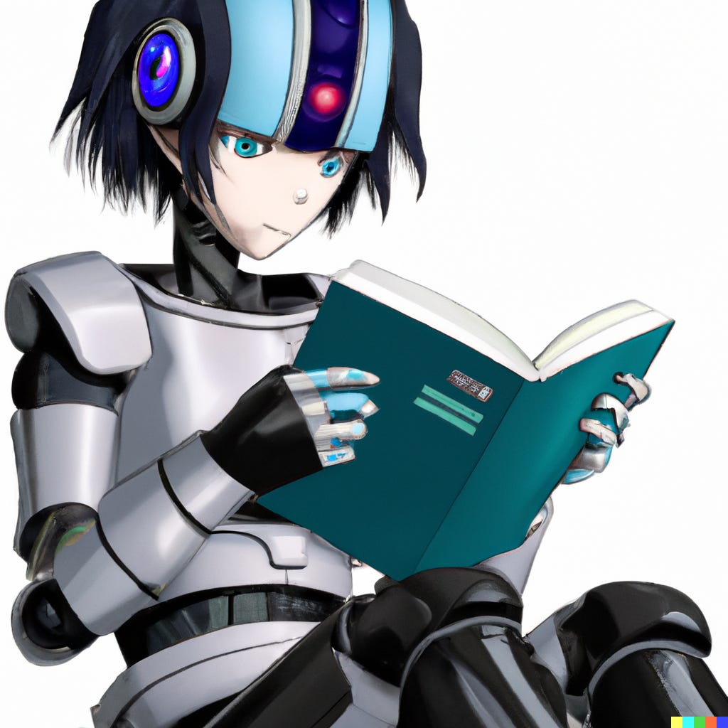 An Anime-style cartoon of a robot with a human face reading a textbook. The image has been generated by AI.