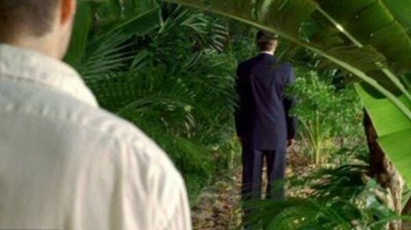 Jack Shephard (Matthew Fox) comes upon a man in a suit in the jungle. The man is not facing him.