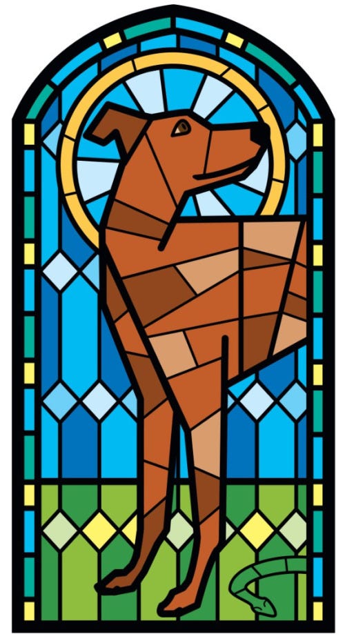 A stained glass illustration of St. Guinefort. He is framed in green, yellow, and blue blocks and the front half of his body is shown in the picture. He looks over his right shoulder, towards the sky with a yellow halo circling his head. He stands on green grass with a dead snake underneath him, a blue sky behind him.