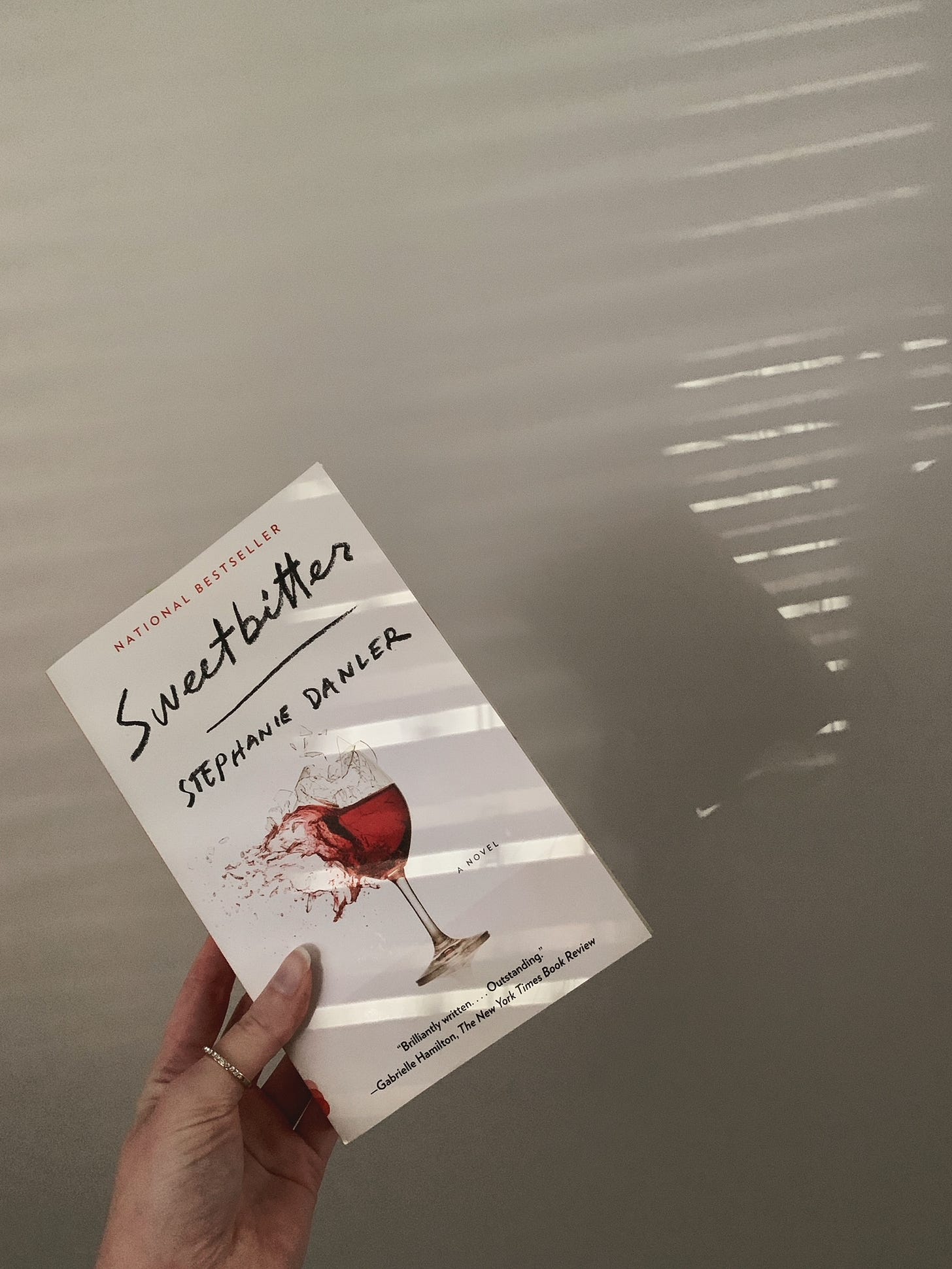 hand holding up a copy of Sweetbitter against a gray wall, with light and shadows streaming in.