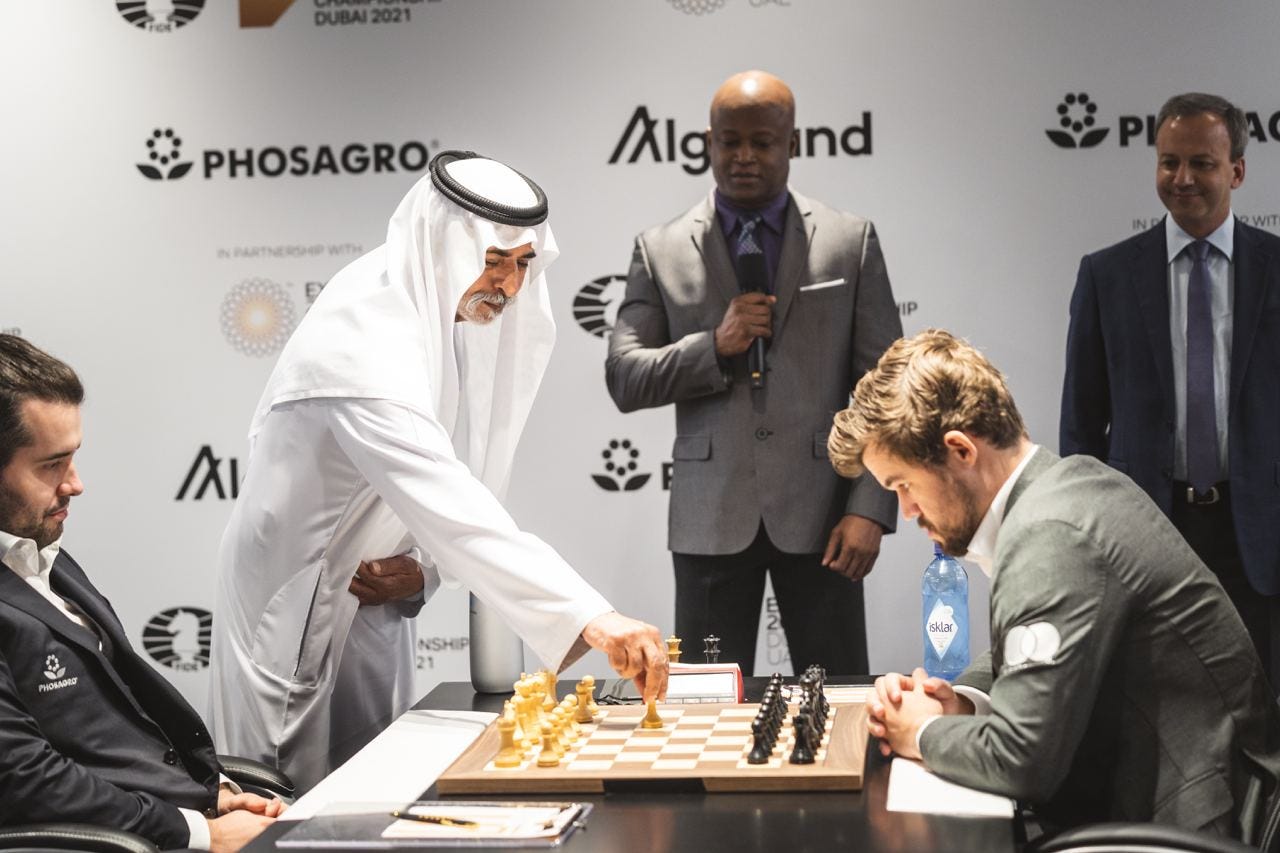 International Chess Federation on Twitter: &quot;The first ceremonial move of  Game 5 was made by H.E. Sheikh Nahyan bin Mubarak Al Nahyan, Minister of  Tolerance and Coexistence and Commissioner General of @expo2020dubai,