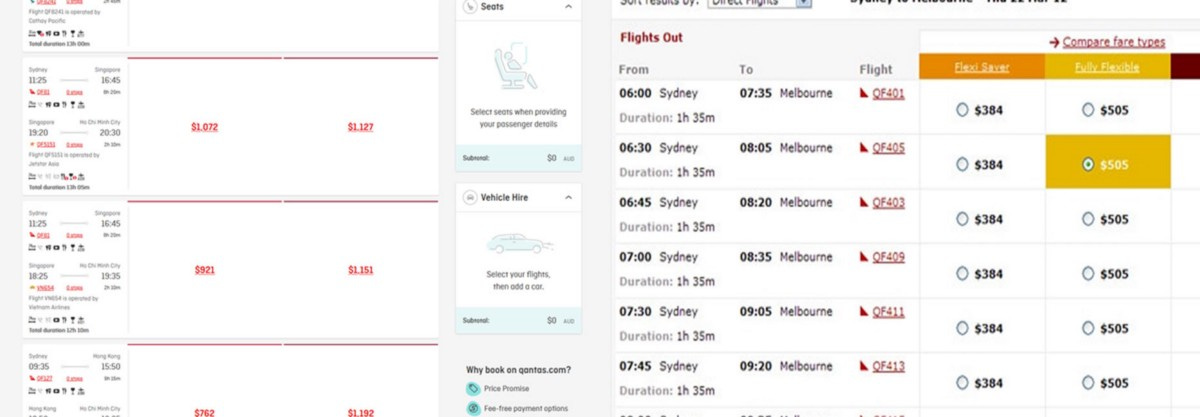 Screenshots of the 2 flight booking UIs on Qantas website.