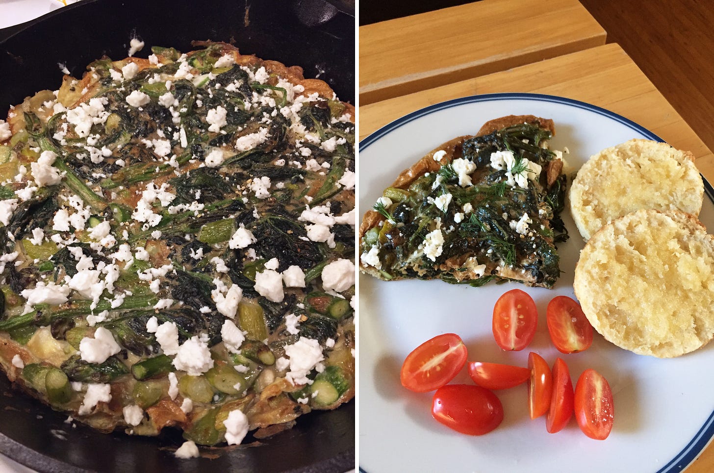 Left image: a cast-iron pan of frittata with dark green nettles and slices of asparagus visible under crumbles of feta. Right image: a triangular slice of the frittata sits on a white plate with a buttered biscuit to its right, and a mess of sliced grape tomatoes below it.