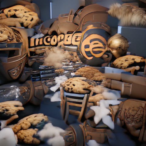 A chocolate chip cookie filled hellscape created by an AI image generation model