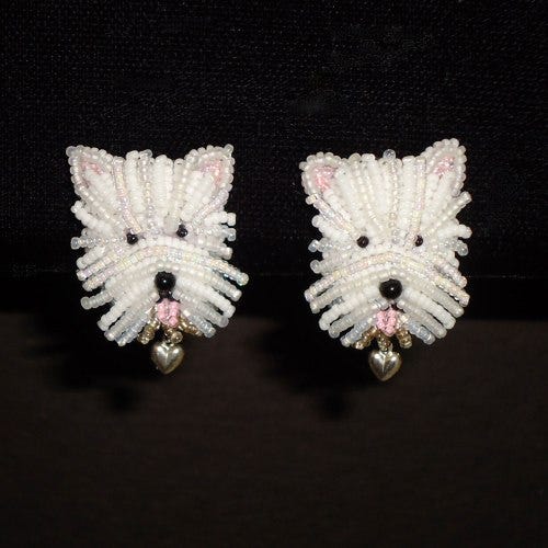 West Highland White Terrier Westie beaded clip-on earrings beadwork bead embroidery sterling silver the lone beader Etsy artist Boston