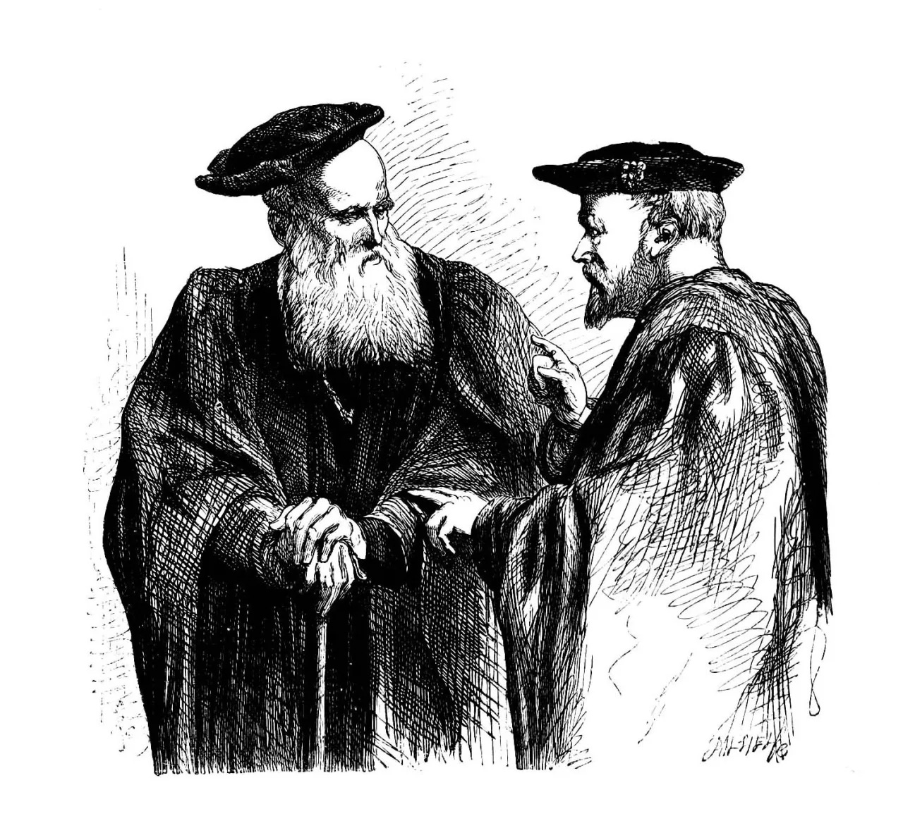 An engraving of two older men in conversation, wearing Renaissance robes and flatcaps