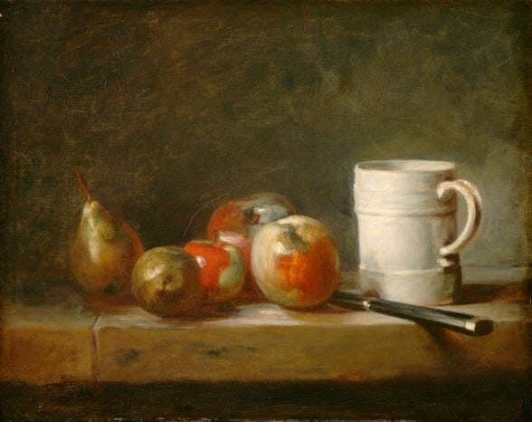 Chardin's quiet still life contains four pieces of red and yellow fruit, a knife with its handle off the table, and a white ceramic mug, all bathed in warm soft light.