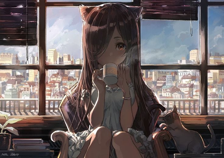 brown haired girl drinking coffee animated character ...