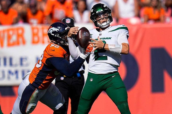 Zach Wilson throws 2 picks, is sacked 5 times in hapless Jets&#39; loss to  Broncos - The Athletic