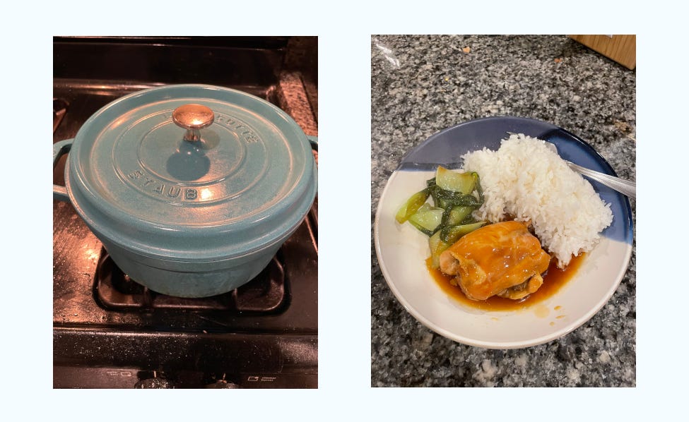 two pictures of the shoyu chicken in progress or finished. on the left, a picture of a blue dutch oven with a lid on it. to the right, a plate of the finished shoyu chicken with rice and steamed baby bok choy