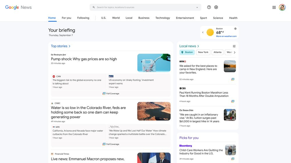 This image shows an example of how the Google News desktop page will look like in its new redesign. We've brought local news up to the top of the page and made it easier for you to customize the topics you want to follow