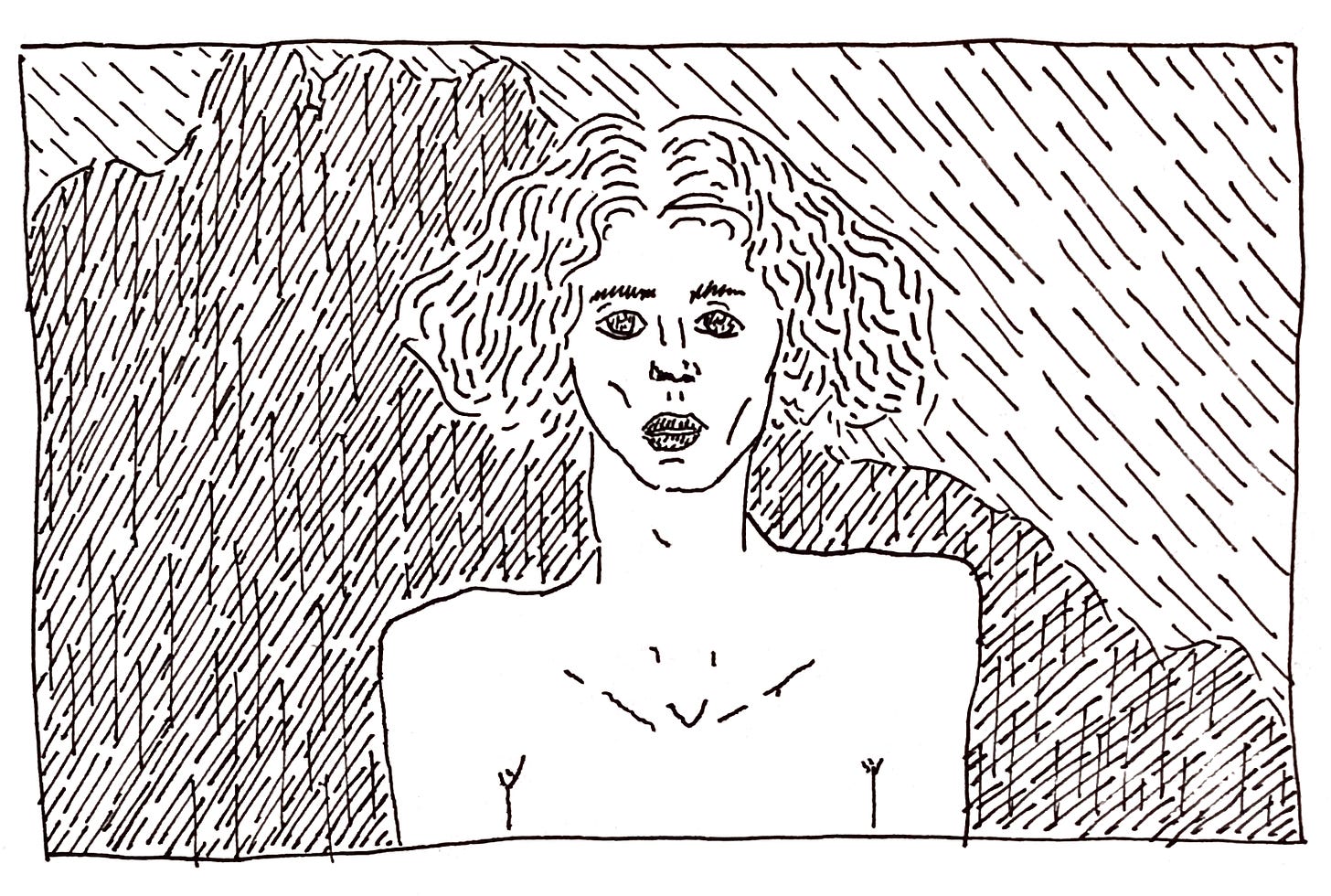 a black and white line drawing of the image of SOPHIE above, drawn by Leah. the sky and SOPHIE's hair are rendered into a torrent of lines and squiggles