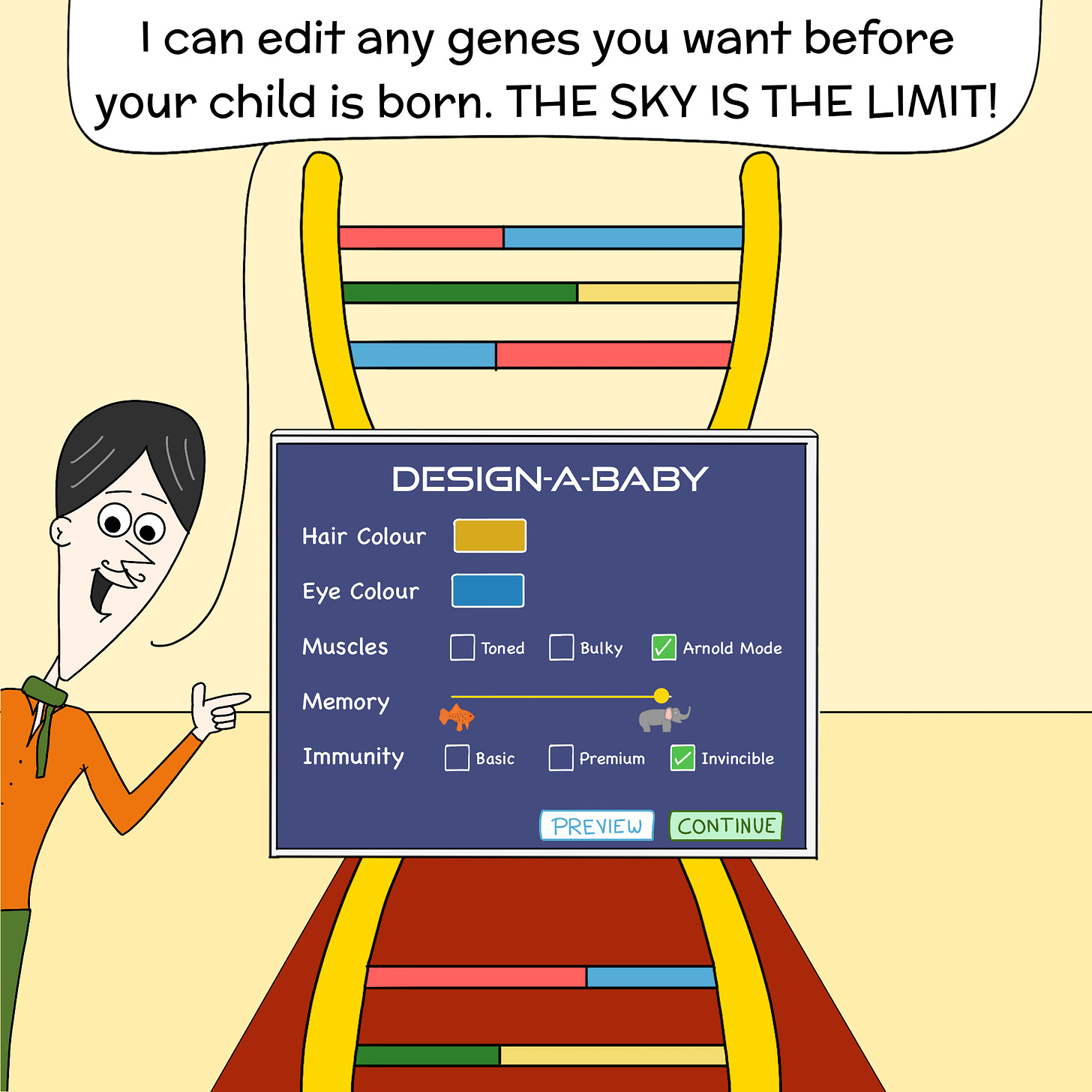 Panel 2: Now inside his store, Albert shows off his luxury gene editing tool in the shape of DNA. He says "I can edit any genes you want before your child is born. THE SKY IS THE LIMIT!". On the screen, he shows attributes that he can edit like hair colour, eye colour, muscles, memory, and immunity. 