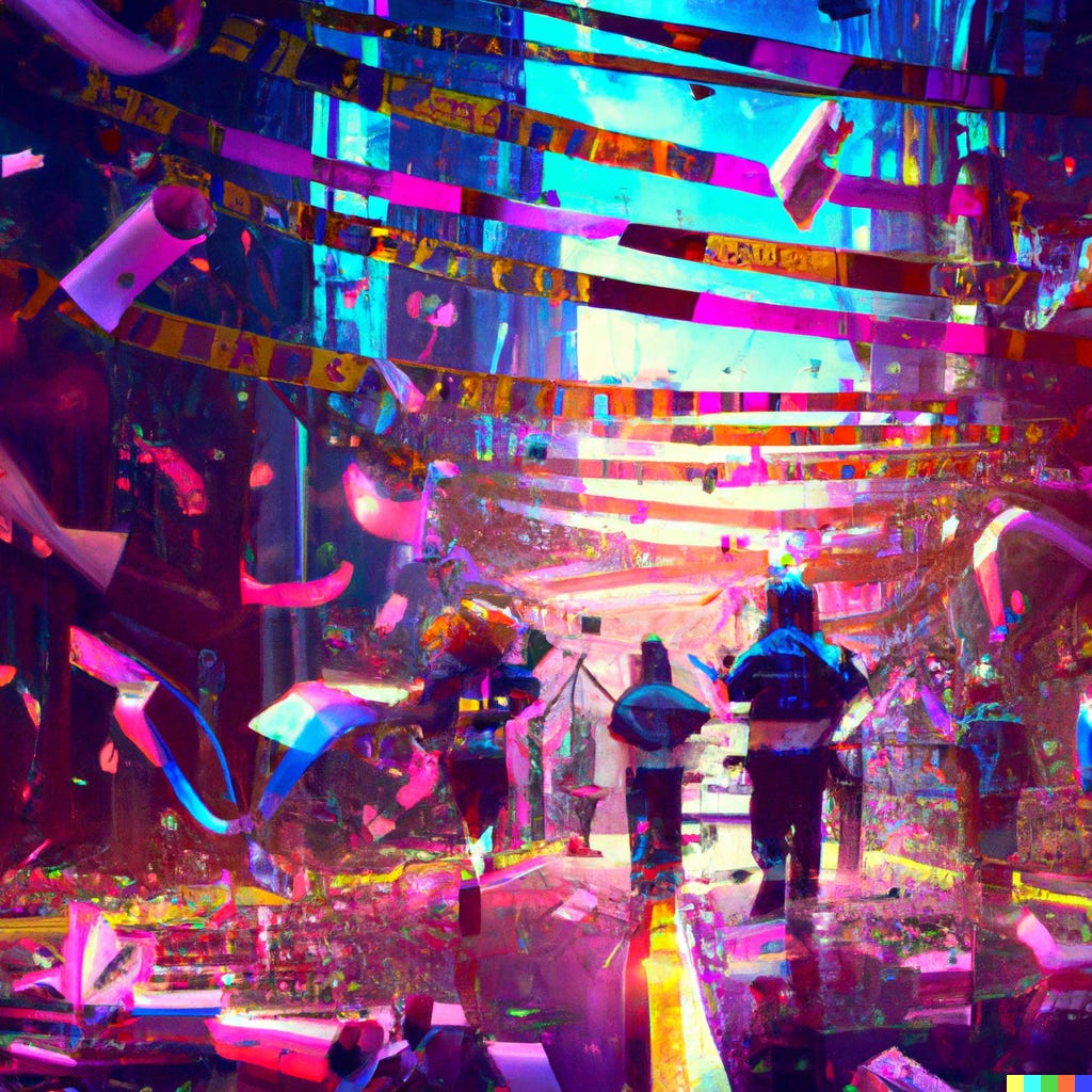 An AI generated painting of a cyberpunk ticker tape parade