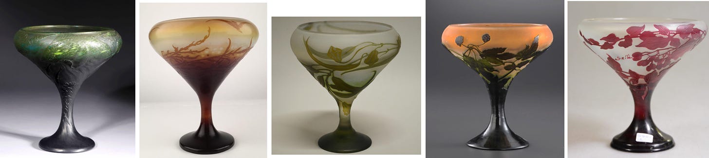 Some specimen of the cup's shape from Émile Gallé's time to the early 1920s. From left to right : Fish among algae, pre-1904 signature, Kapandji Morhange 2018-06-20 ; seagulls over algae, Mk II signature, Antique Place Dania Beach 2021-03-09 ; eucalyptus, Mk III, Fournie 2017-06-08 ; hops, Mk III, Piguet 2012-09-25 ; aralia (?), Mk IV, Rops 2018-01-28.