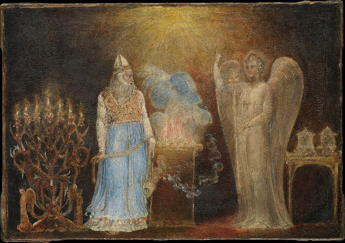 The Angel Appearing to Zacharias, William Blake (British, London 1757–1827 London), Pen and black ink, tempera, and glue size on canvas 