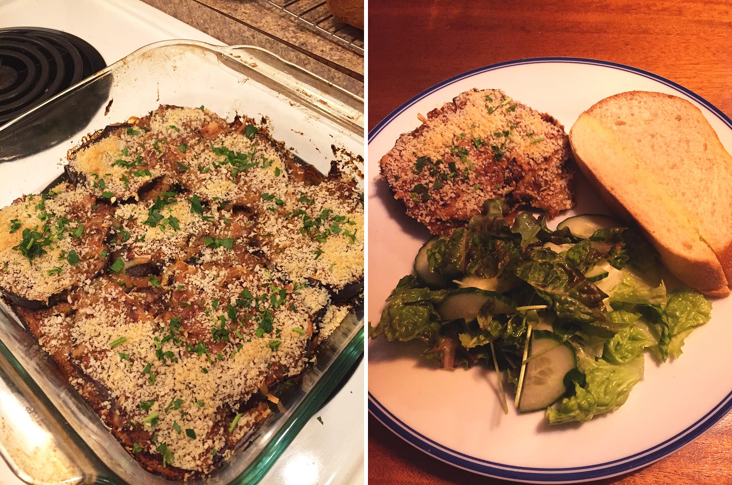 Left image: a pyrex dish of eggplant parmigiana, sprinkled with parsley. Right image: a plate featuring a piece of the parmigiana, a big piece of garlic bread, and a green salad with pea shoots and cucumbers visible.