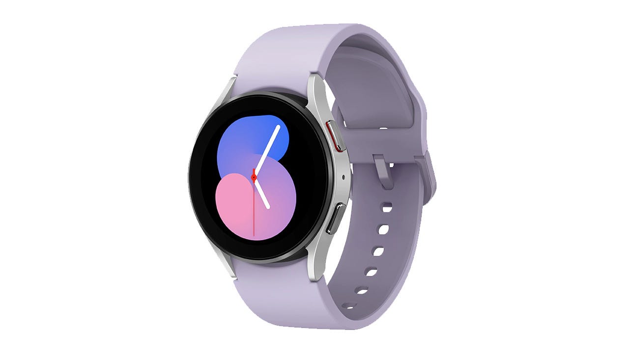 A Galaxy Watch 5 with lavender band on a white background