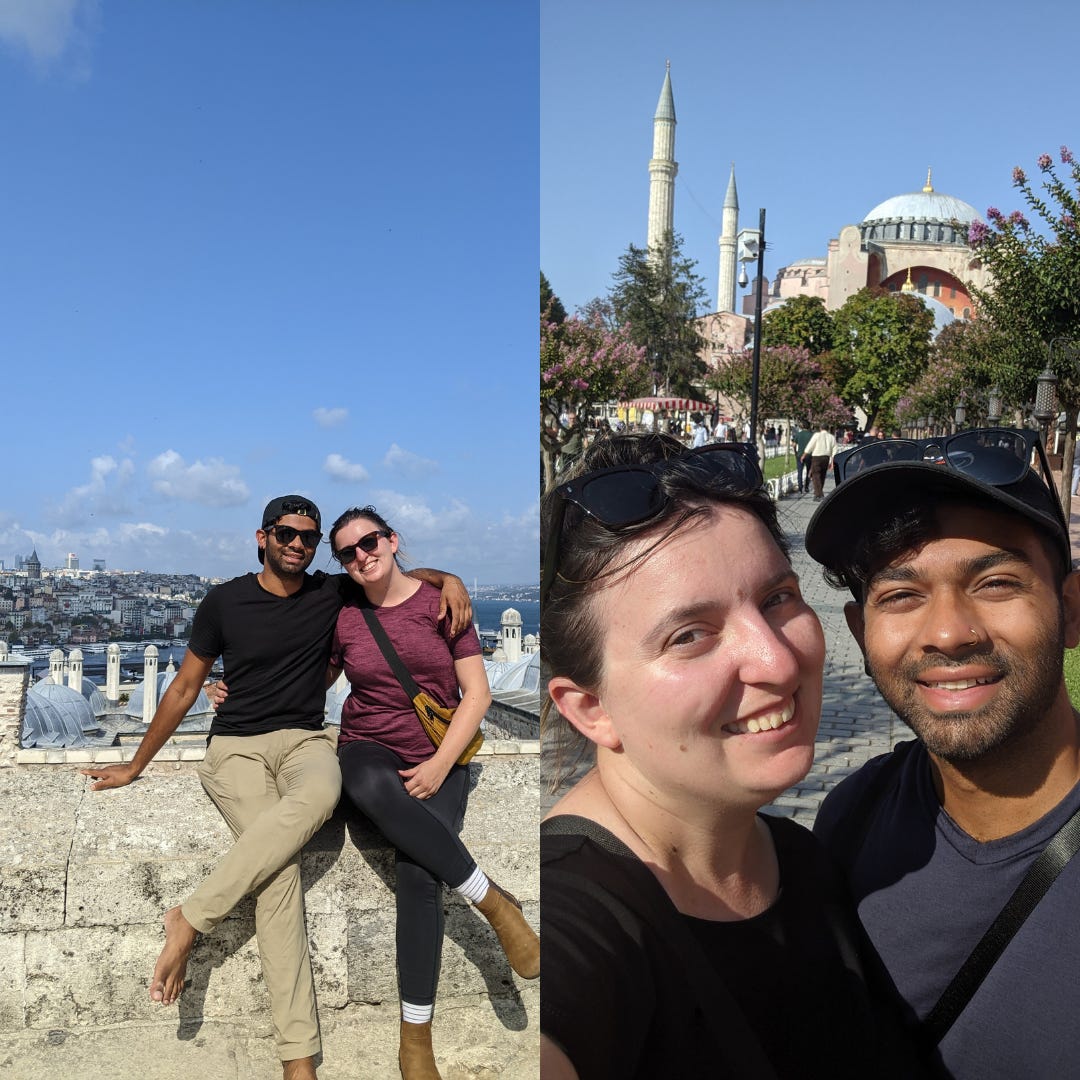 side by side images of Iulia and Aseef overlooking the European side of Istanbul, with Galata Tower in the background, and a selfie or "ussie" of Iulia and Aseef before the Hagia Sofia.