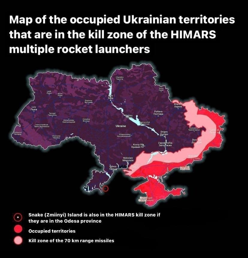 r/UkrainianConflict - Map of the occupied Ukrainian territories that are in the HIMARS kill zone