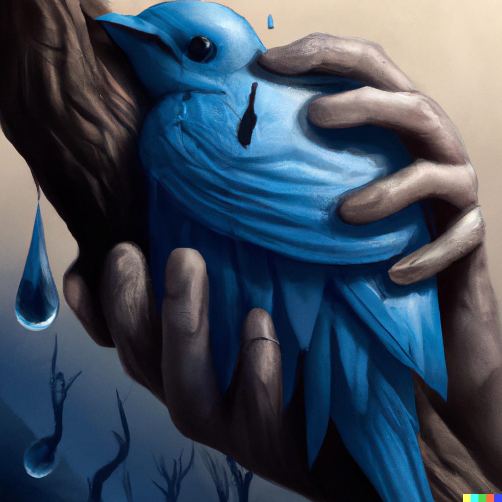 “a blue bird gripped in a giant hand, digital art” / DALL-E