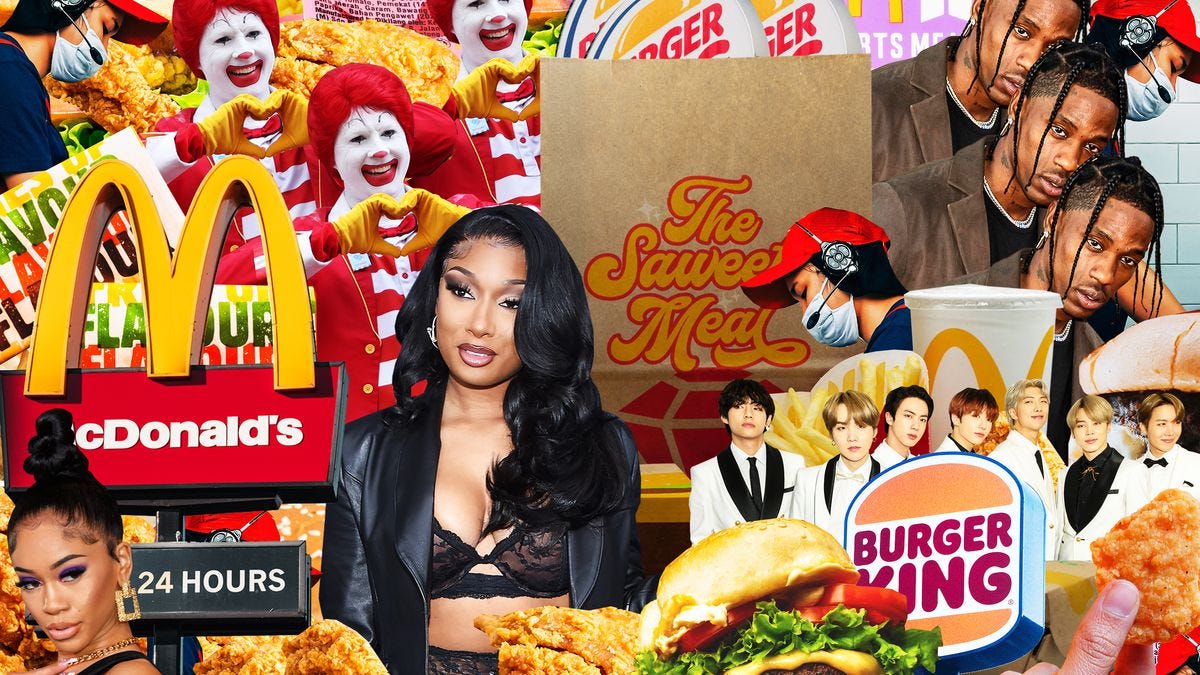 A collage featuring McDonald’s and Burger King branding, cut-outs of fast food, Ronald McDonald holding his hands in a heart shape, and a drive-thru worker. Bottom left: the rapper Saweetie wears her hair in a tall top knot and a black dress. Center: Megan Thee Stallion wears a black satin blazer and bra top, her hair in loose waves and glam makeup. Next to her, a cut-out of K-pop group BTS in black and white formal wear. Top right: Travis Scott with his hair in braids and a brown shirt.