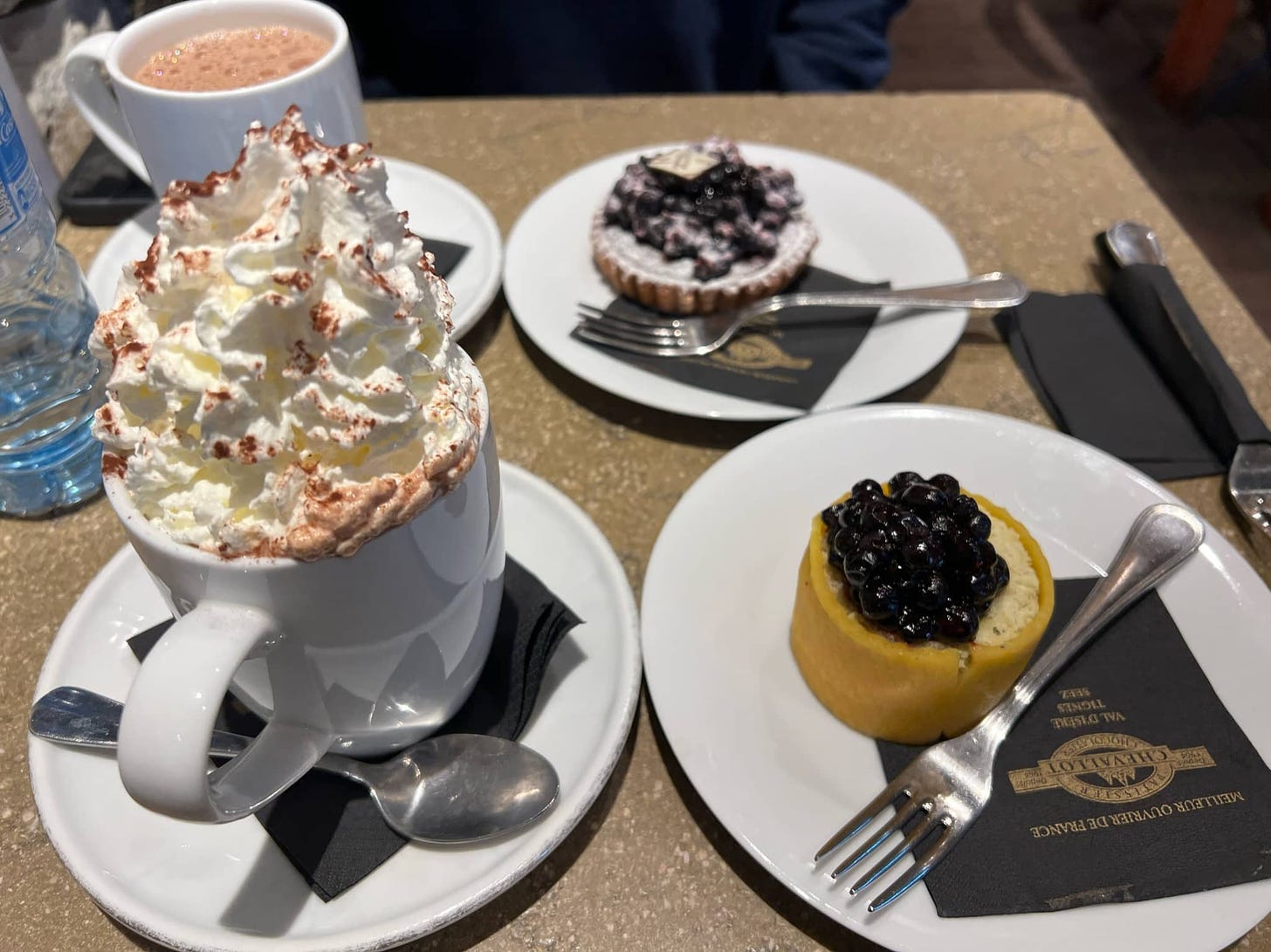 A couple of hot chocolates, a blueberry tarte, and another blueberry dessert I don't remember what it is.