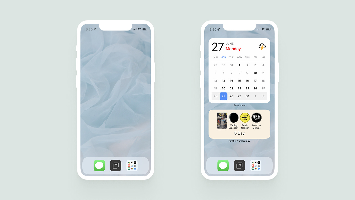 Two iPhone minis on a pale green background. One displays an empty home screen with a soft linen background; the other displays the same home screen but with a large calendar widget and a medium tarot widget.