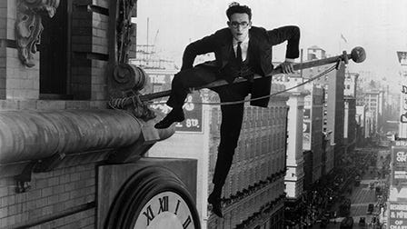 Harold Lloyd finds himself in a precarious position while trying to make $1,000 in "Safety Last!," a 1923 silent-film classic being screened with live organ accompaniment on Friday, January 27 in Lafayette, Indiana.