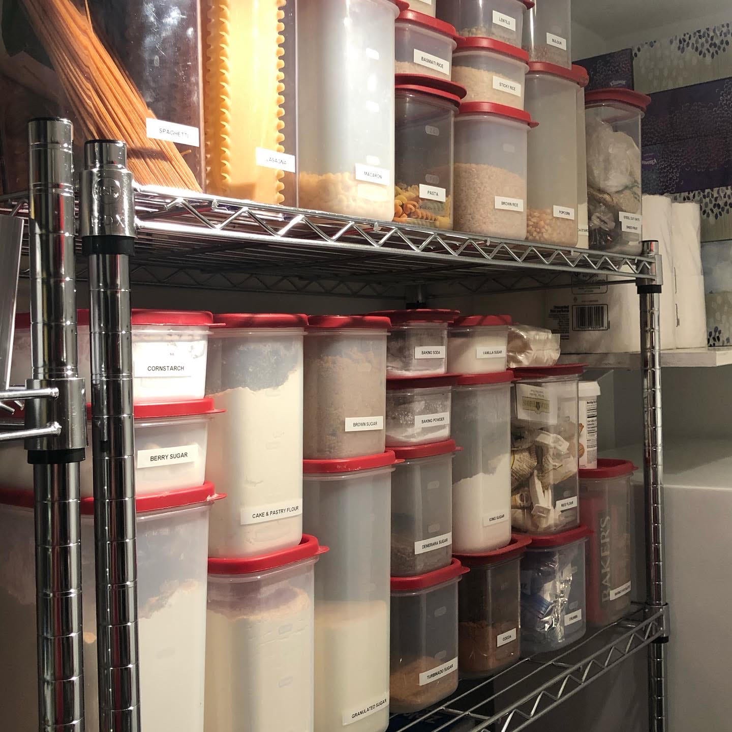 Pantry shelves with labelled containers