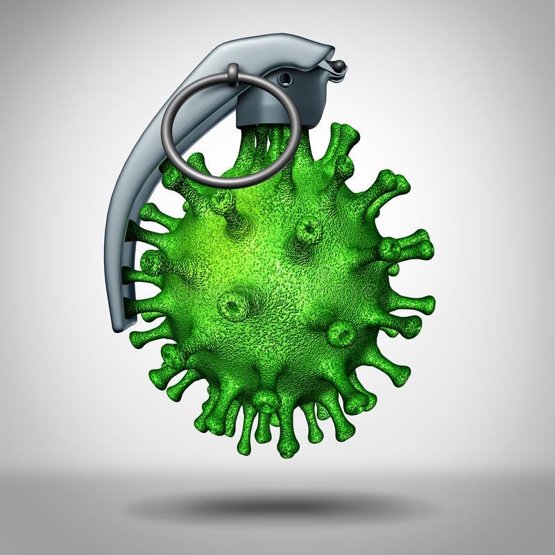 Virus Bomb. Medical threat as a dangerous disease pathogen shapred as a hand grenade as an icon for the biological warfare and dangers of viral infection risk vector illustration
