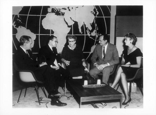 Newton Minow joins Eleanor Roosevelt and others on her television show "Prospects of Mankind." From left to right are: John F. White, president of the National Educational Television and Radio Center; Newton Minow, chairman of the Federal Communications Commission; Mrs. Roosevelt; Irving Gitlin, executive producer, creative projects, NBC News and Marya Mannes, critic and writer for <i>The Reporter</i>.