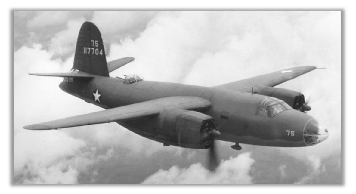 A Martin B-26 Marauder is shown mid-flight. Martin's company produced the bomber during World War II.
